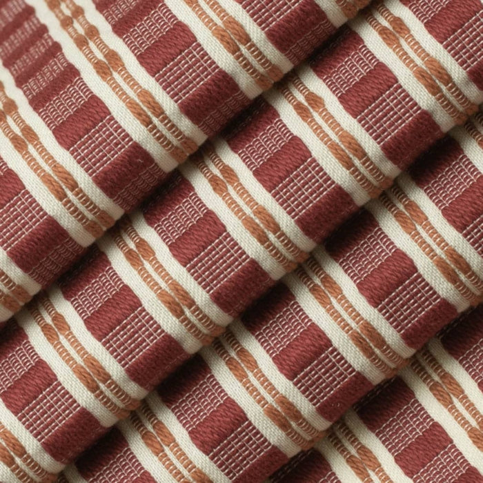 Rusty Red Coral Cream Woven Stripe Upholstery Fabric